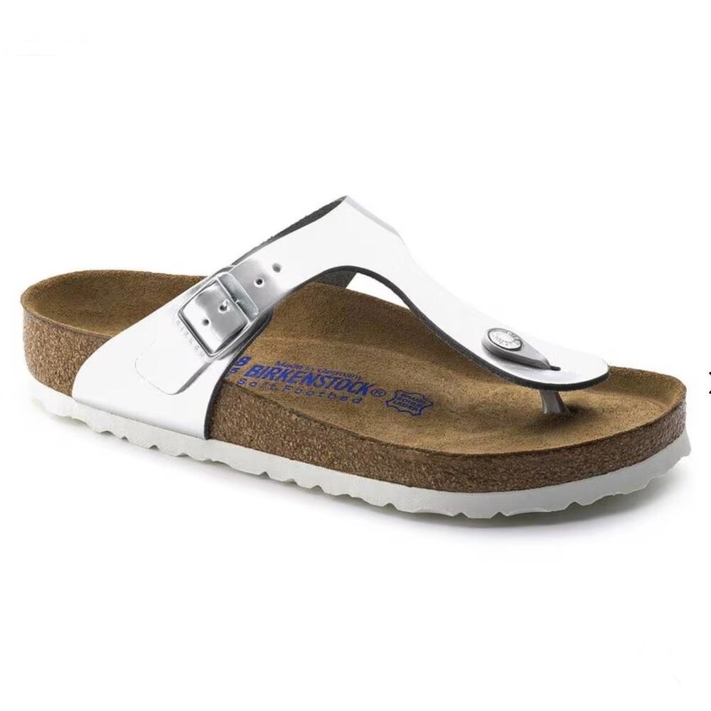 BIRKENSTOCK | Gizeh Soft Footbed Leather Metallic Silver White Sole Sandals | 36